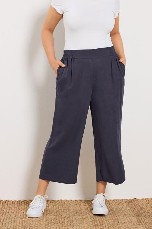 YOURS Curve Navy Blue Linen Cropped Wide Leg Trousers