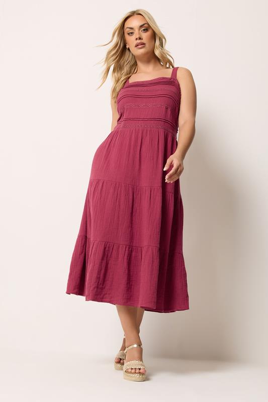 YOURS Plus Size Pink Cheesecloth Pleated Tiered Dress | Yours Clothing 2