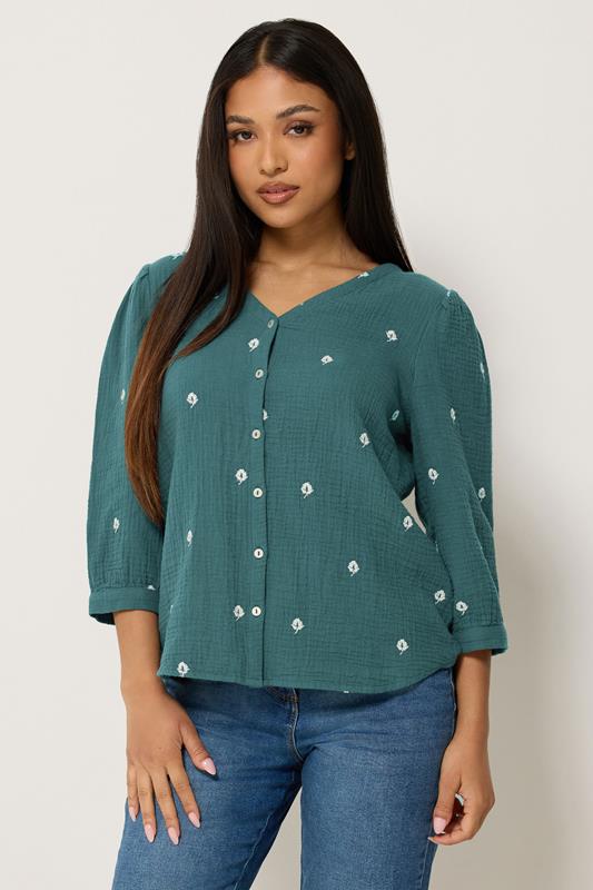  M&Co Petite Teal Blue Floral Embroidered Cotton Blouse