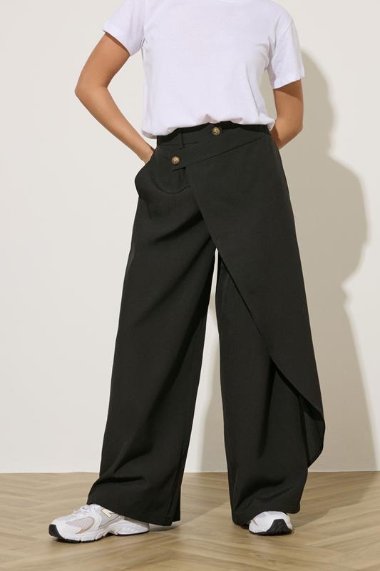 PixieGirl Petite Women's Black Wrap Wide Leg Trousers | PixieGirl 1