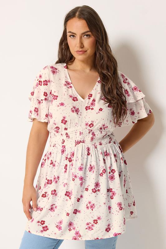 YOURS Plus Size White Floral Flutter Sleeve Top | Yours Clothing 1