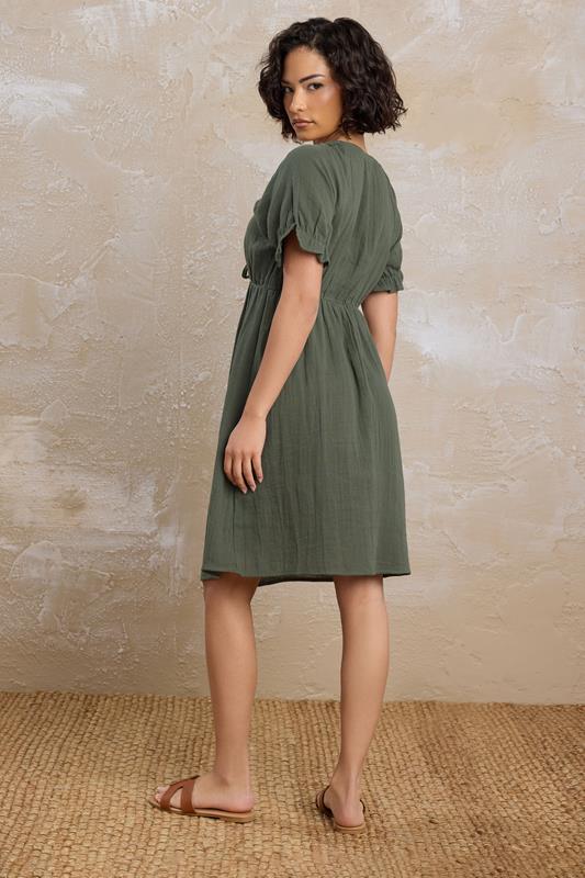 PixieGirl Petite Women's Khaki Green Tie Front Cotton Mini Dress | PixieGirl 2