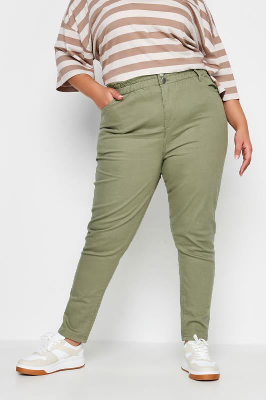 Plus Size Khaki Green Stretch Elasticated Waist MOM Jeans | Yours Clothing 1