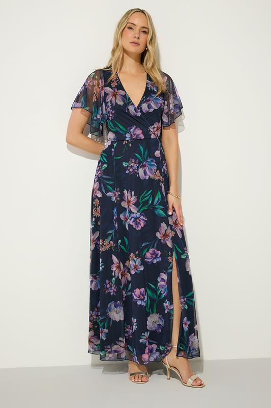 LTS Tall Navy Blue Floral Mesh Wrap Maxi Dress
