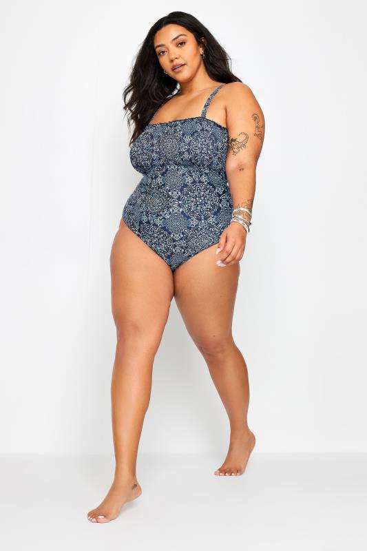 YOURS Plus Size Blue Aztec Print Shirred Tummy Control Swimsuit | Yours Clothing 4