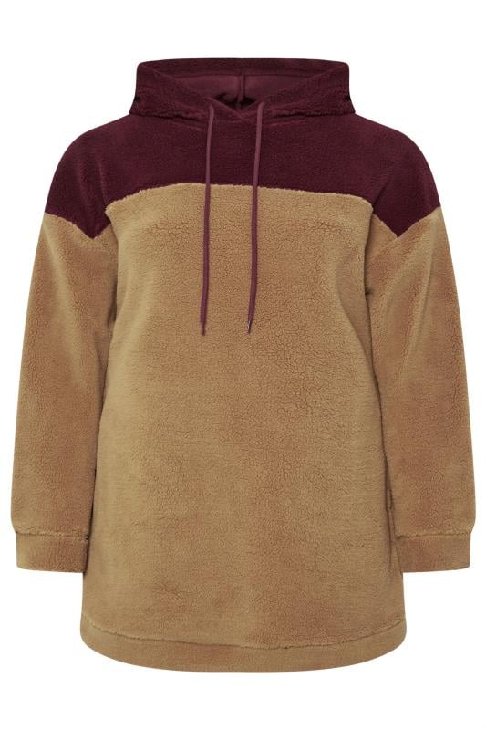 YOURS Plus Size Natural Brown & Burgundy Red Colourblock Teddy Fleece Hoodie | Yours Clothing  5