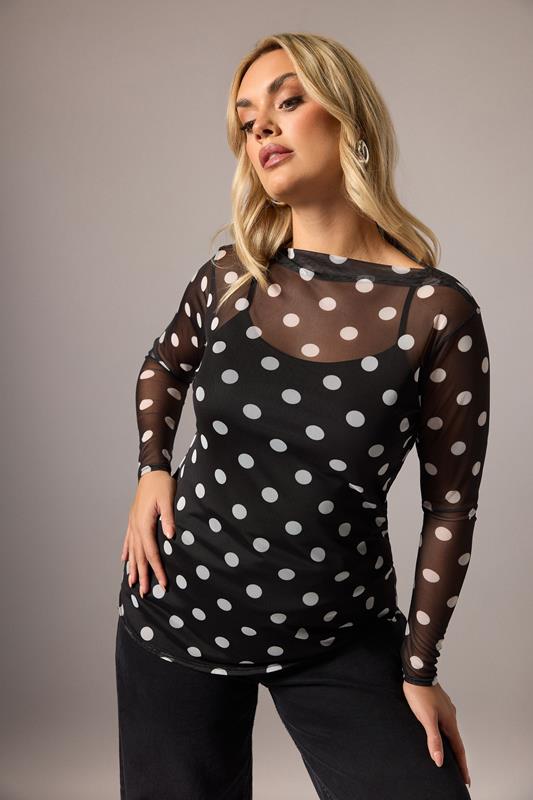 LIMITED COLLECTION Curve Black Polka Dot Mesh Top