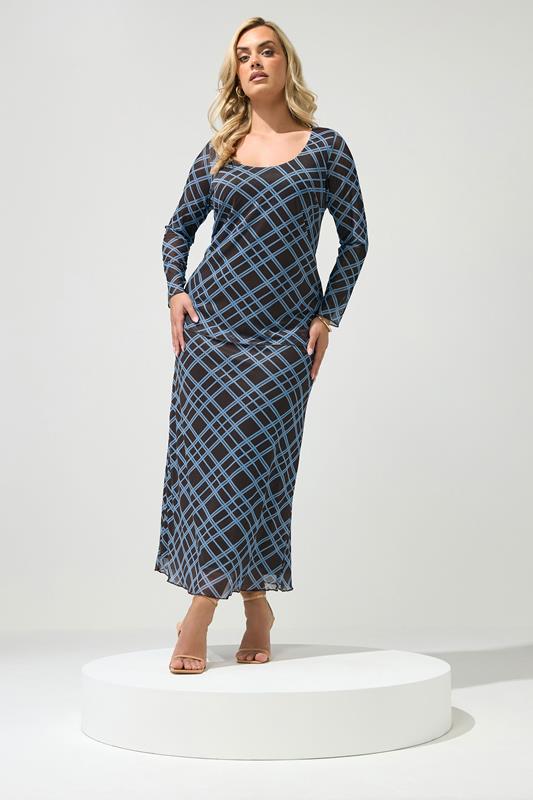 YOURS LONDON Plus Size Brown & Blue Check Maxi Skirt | Yours Clothing 1
