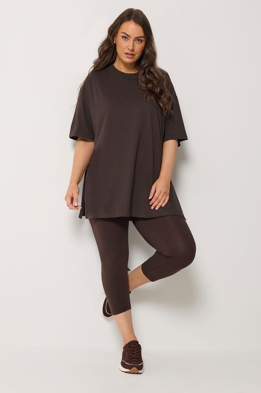 YOURS Plus Size Chocolate Brown Elasticated Waist Cropped Leggings | Yours Clothing 1