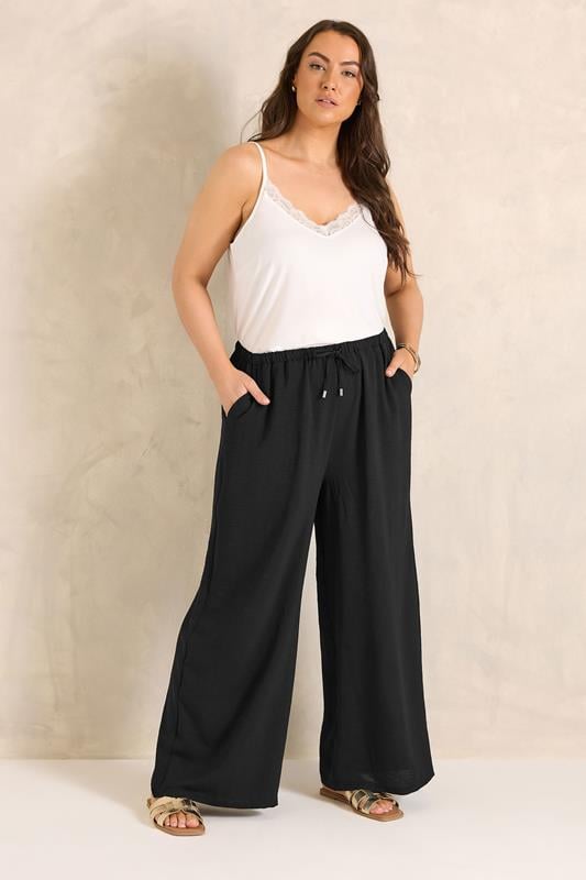 EVANS Curve Black Tie Waist Wide Leg Trousers