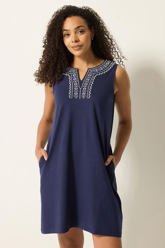  M&Co Navy Blue Embroidered Notch Neck Cotton Midi Dress