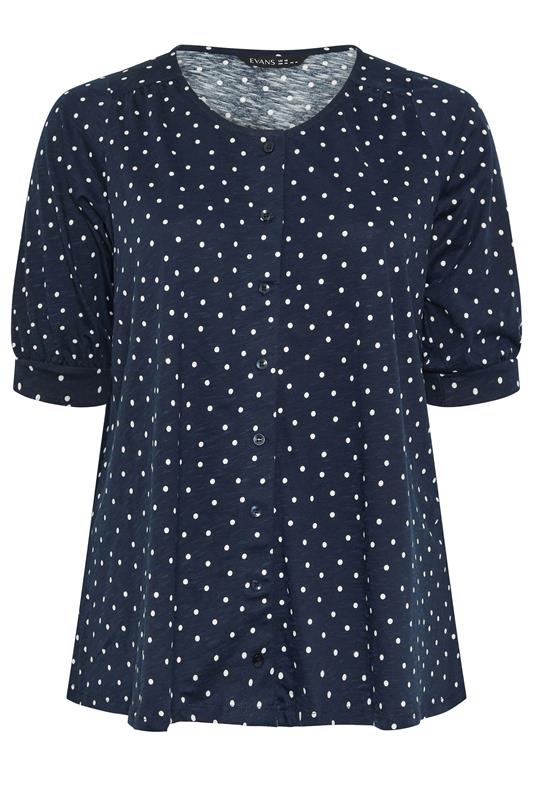 EVANS Curve Navy Blue Polka Dot Cotton Top | Evans 5