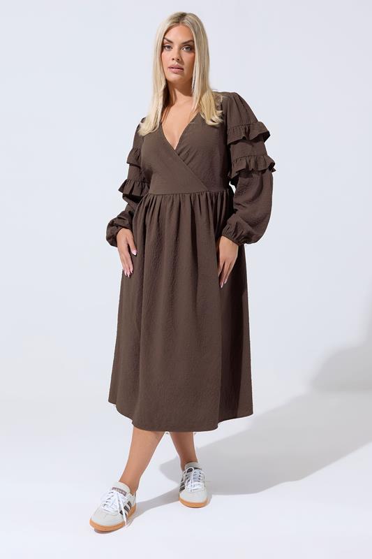 LIMITED COLLECTION Plus Size Brown Textured Ruffle Dress | Yours Clothing 1