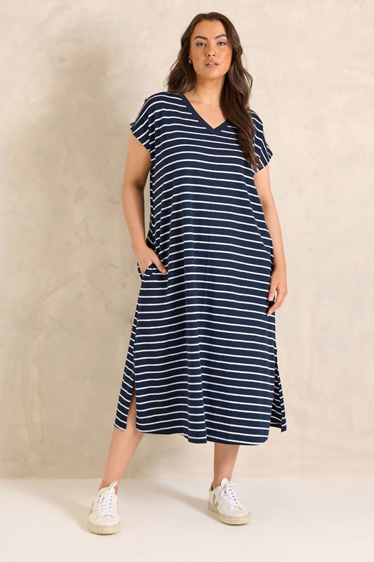 EVANS Plus Size Navy Blue Stripe Premium Cotton Dress | Evans 1