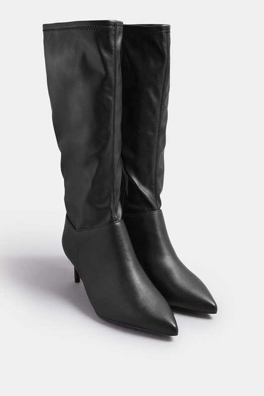  Yours Black Faux Leather Pointed Kitten Heel Boots In Extra Wide EEE Fit