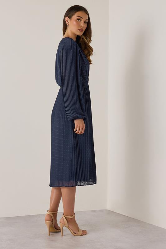 LTS Tall Navy Blue Chiffon Dobby Pleated Wrap Midi Dress | Long Tall Sally 2