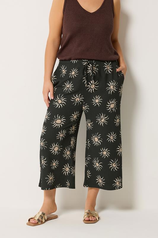 YOURS Curve Black Sun Print Cropped Wide Leg Trousers
