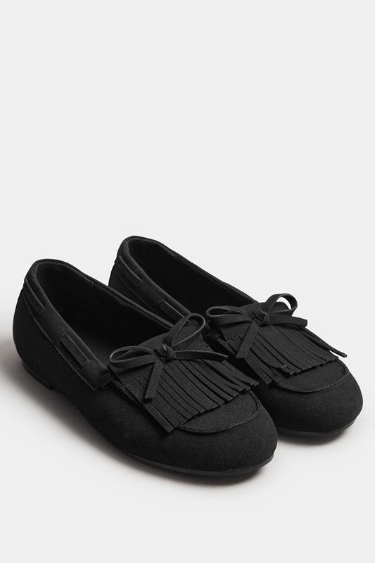  Yours Black Faux Suede Fringe Loafers In Extra Wide EEE Fit