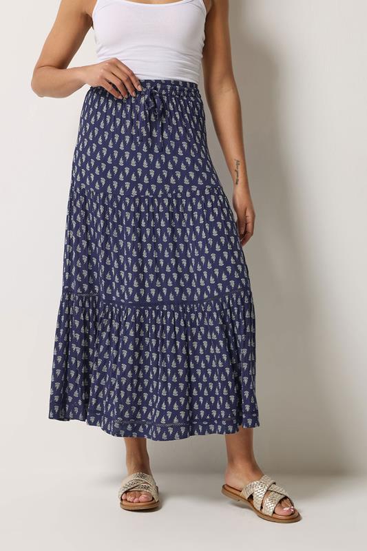  M&Co Navy Blue Aztec Print Tiered Maxi Skirt