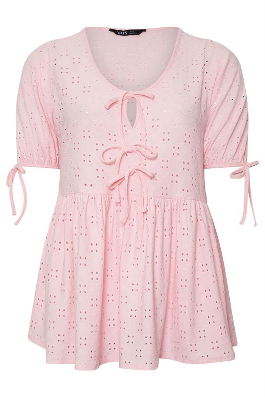 YOURS Plus Size Pink Broderie Anglaise Tie Front Peplum Top | Yours Clothing 6