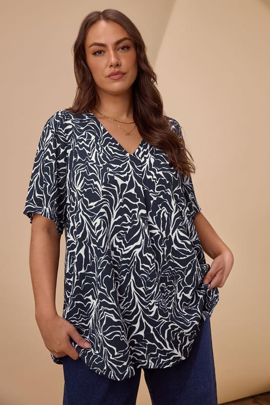EVANS Plus Size Navy Blue Abstract Floral Pleat Front Swing Top | Evans 1