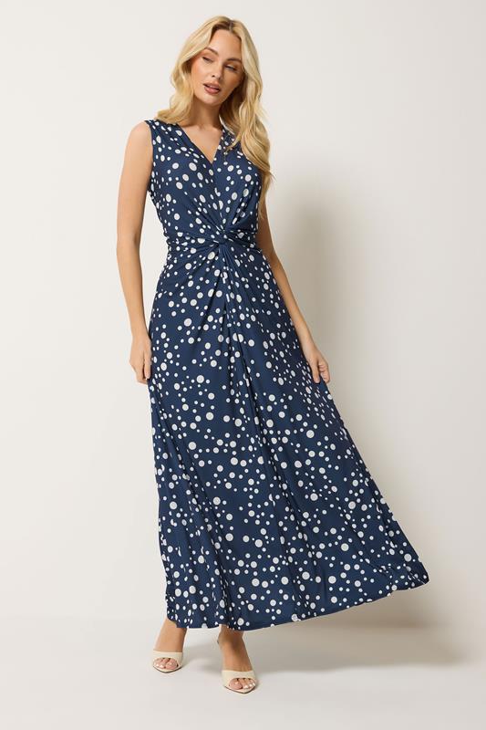  M&Co Navy Blue Polka Dot Twist Front Maxi Dress