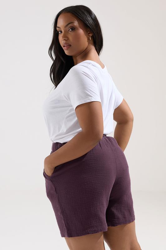 YOURS Plus Size Purple Cotton Cheesecloth Shorts | Yours Clothing 2