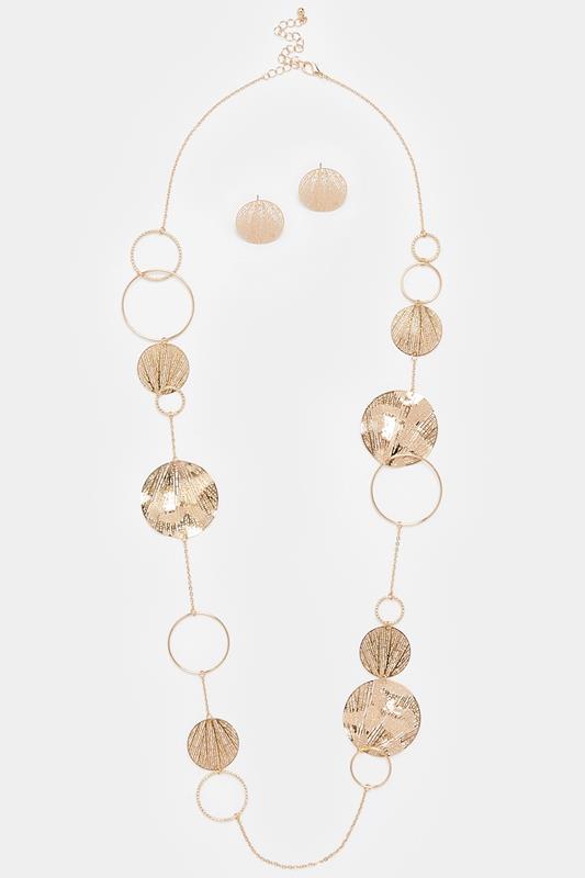 Gold Tone Long Circle Necklace & Earrings Set | Yours Clothing 1