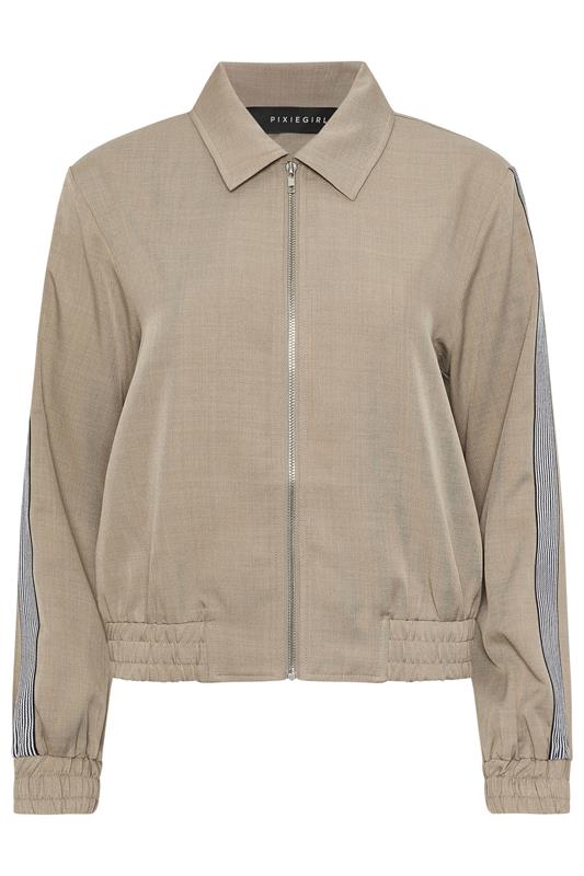 PixieGirl Petite Women's Beige Brown Striped Collar Bomber Jacket | PixieGirl 6