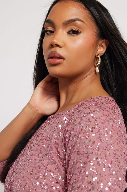 LUXE Plus Size Dark Pink Sequin Hand Embellished Maxi Dress | Yours Clothing  2