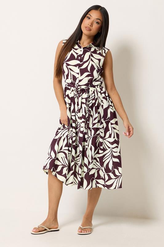 M&Co Petite Berry Purple Leaf Printed Sleeveless Midi Dress | M&Co 2