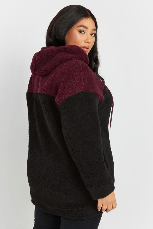YOURS Plus Size Black & Burgundy Red Colourblock Teddy Fleece Hoodie | Yours Clothing  2
