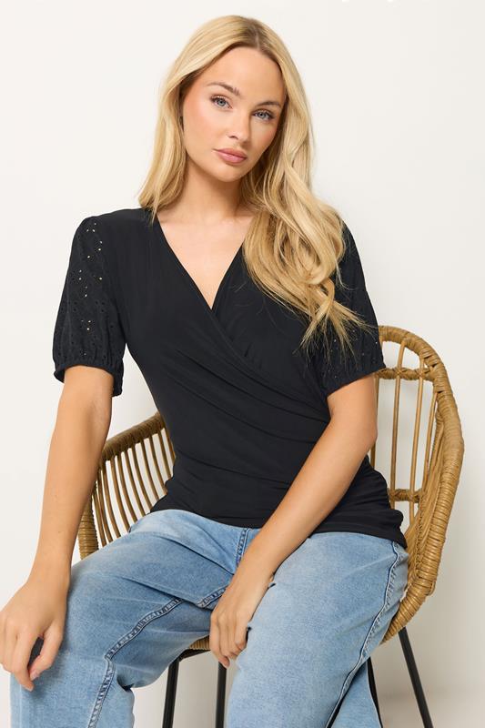  M&Co Black Broderie Sleeve Wrap Top