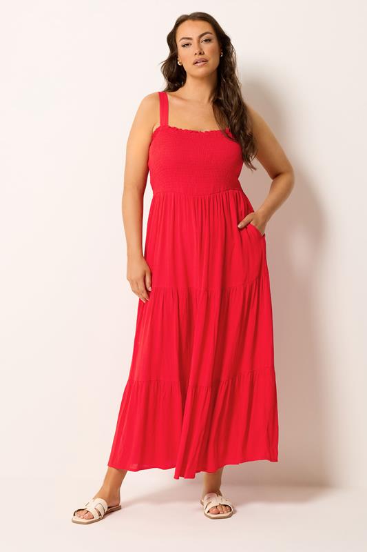 YOURS Curve Red Shirred Maxi Dress | Yours Clothing 1