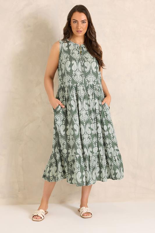EVANS Plus Size Green Abstract Print Tie Neck Maxi Dress | Evans 1