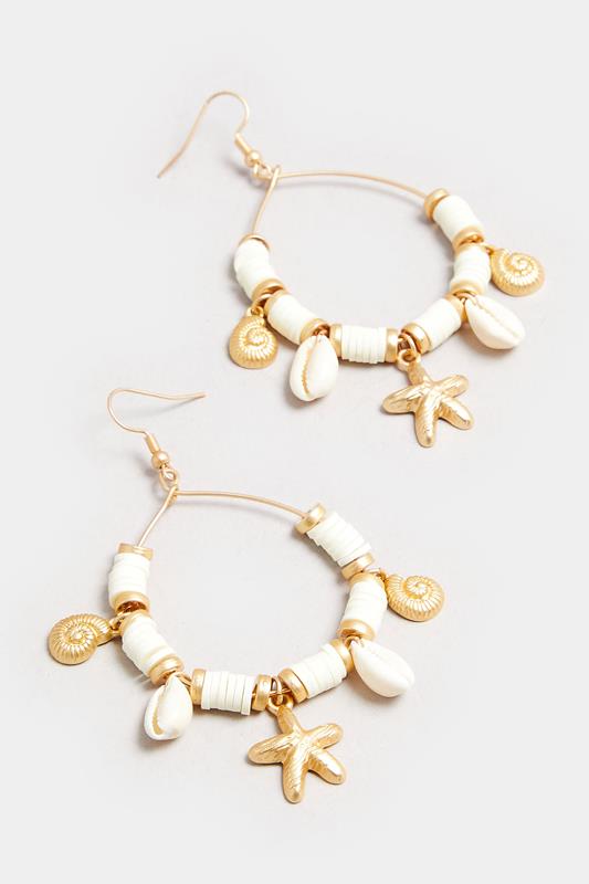 Gold Tone Beaded Shell Hoop Earrings