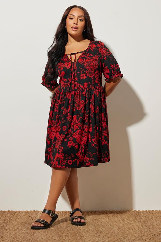YOURS Plus Size Black & Red Floral Tie Neck Mini Dress | Yours Clothing 1