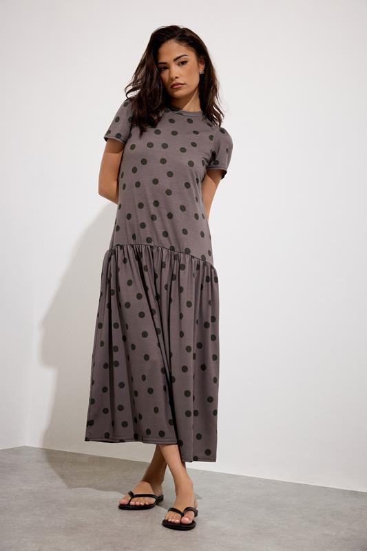 PixieGirl Petite Women's Chocolate Brown Polka Dot Drop Waist Maxi Dress | PixieGirl 1