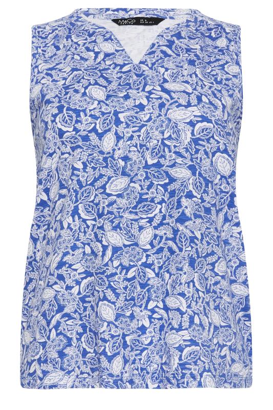 M&Co Petite Blue Leaf Print Sleeveless Notch Neck Cotton Vest Top | M&Co 5
