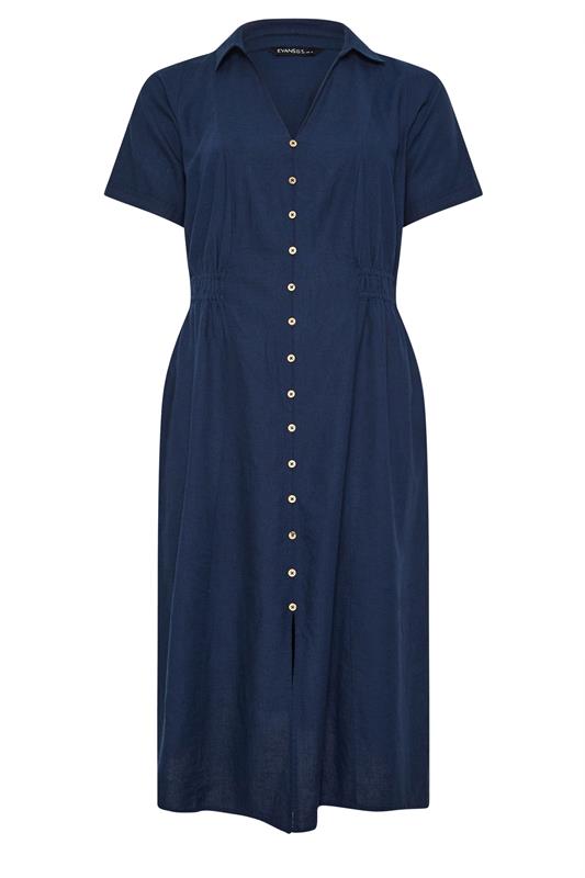 EVANS Plus Size Navy Blue Linen Shirred Waist Midi Dress | Evans 5
