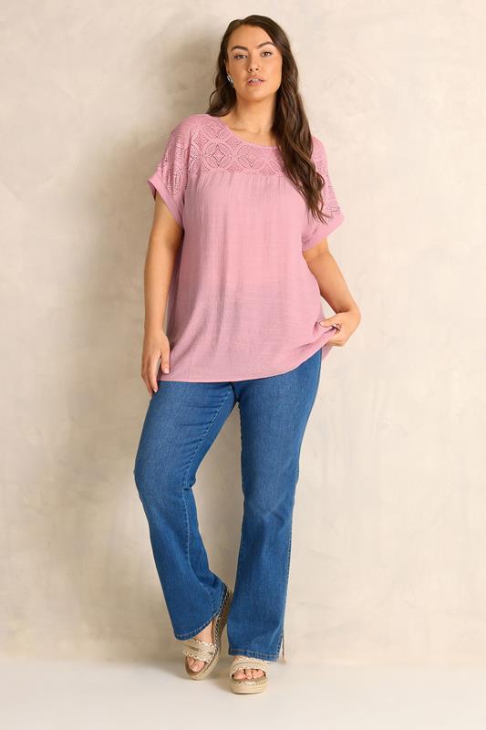 EVANS Plus Size Pink Lace Detail Short Sleeve Top | Evans  1
