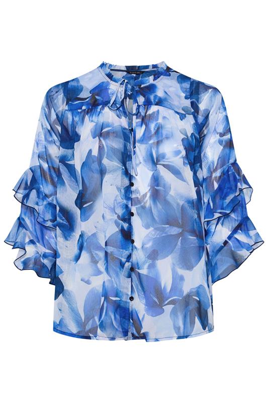 EVANS Plus Size Blue Floral Tie Neck Frill Blouse | Evans 5