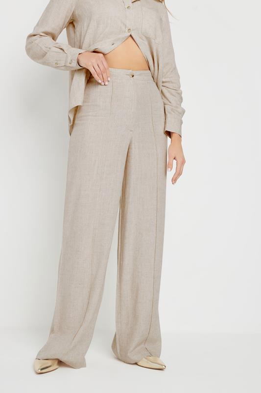 LTS Tall Stone Brown Linen Pleated Wide Leg Trousers | Long Tall Sally 2