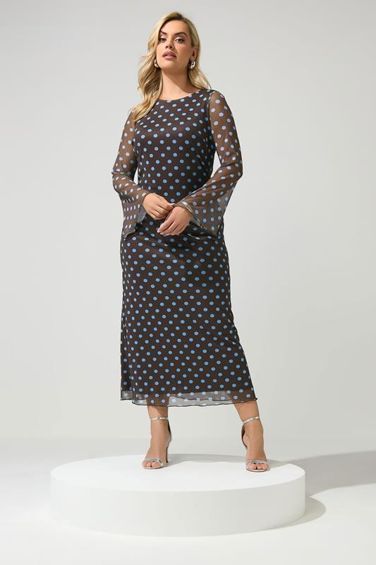 YOURS LONDON Plus Size Chocolate Brown & Blue Polka Dot Mesh Dress | Yours Clothing 1