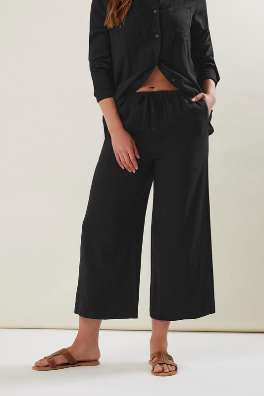 LTS Tall Black Wide Leg Cropped Linen Trousers 2
