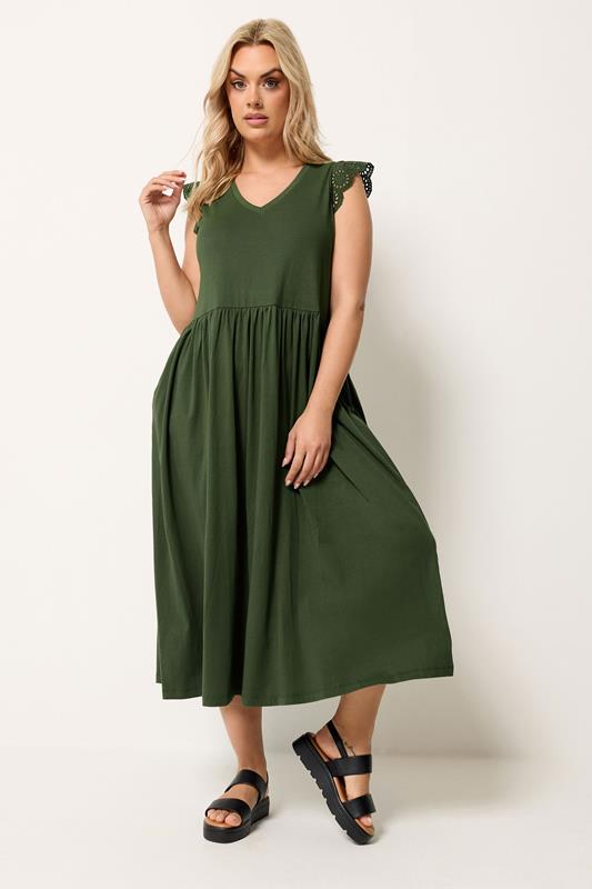 YOURS Plus Size Khaki Green Broderie Sleeve Maxi Dress | Yours Clothing 1