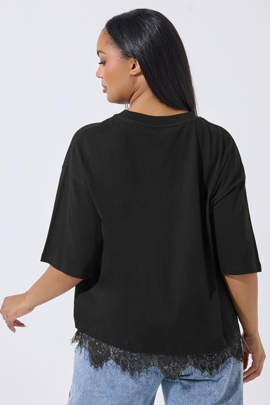 LIMITED COLLECTION Plus Size Black Oversized Lace Hem T-Shirt | Yours Clothing 2