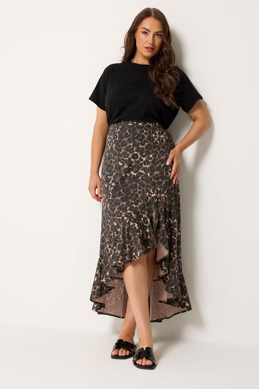 YOURS Plus Size Chocolate Brown Leopard Print Ruffle Skirt | Yours Clothing 1