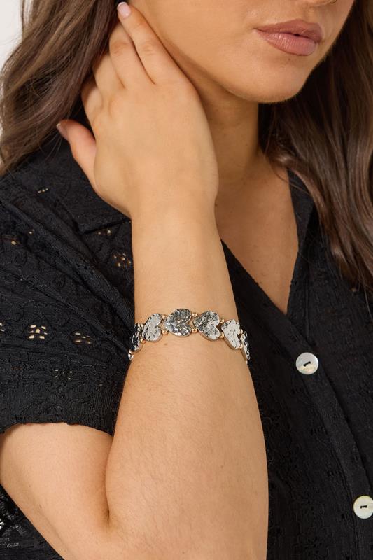 Silver Tone Textured Heart Stretch Bracelet | Yours Clothing 1
