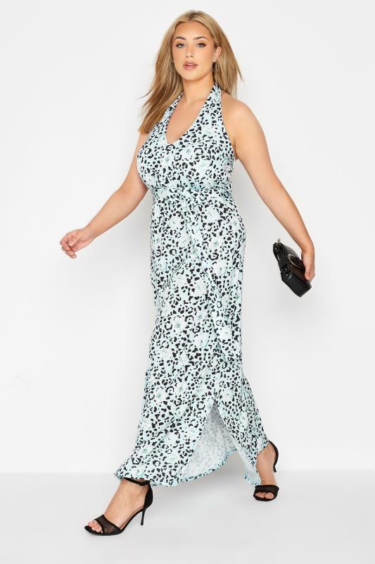 YOURS LONDON Plus Size Blue Leopard Print Halter Neck Maxi Dress | Yours Clothing  1